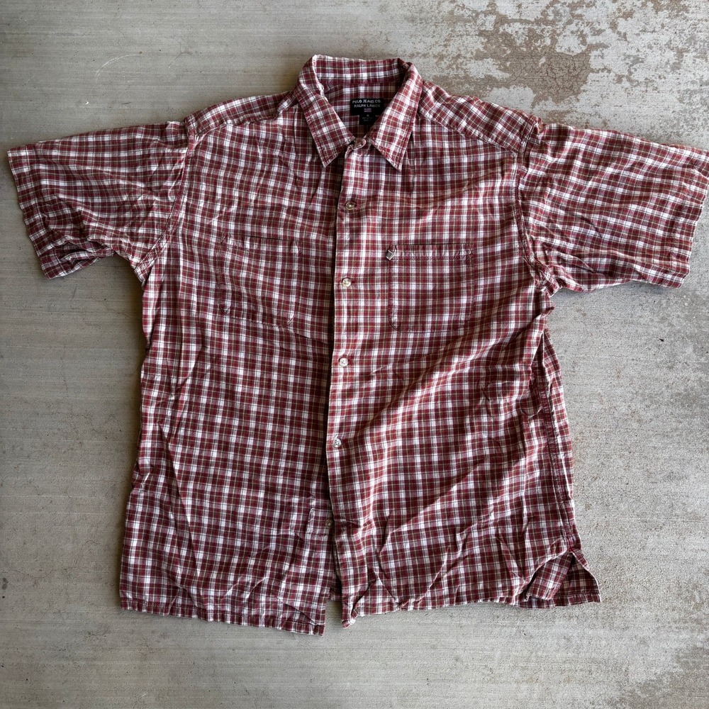 Polo Jeans Ralph Lauren Red Brown Checkered Plaid Short Sleeve Button Down M